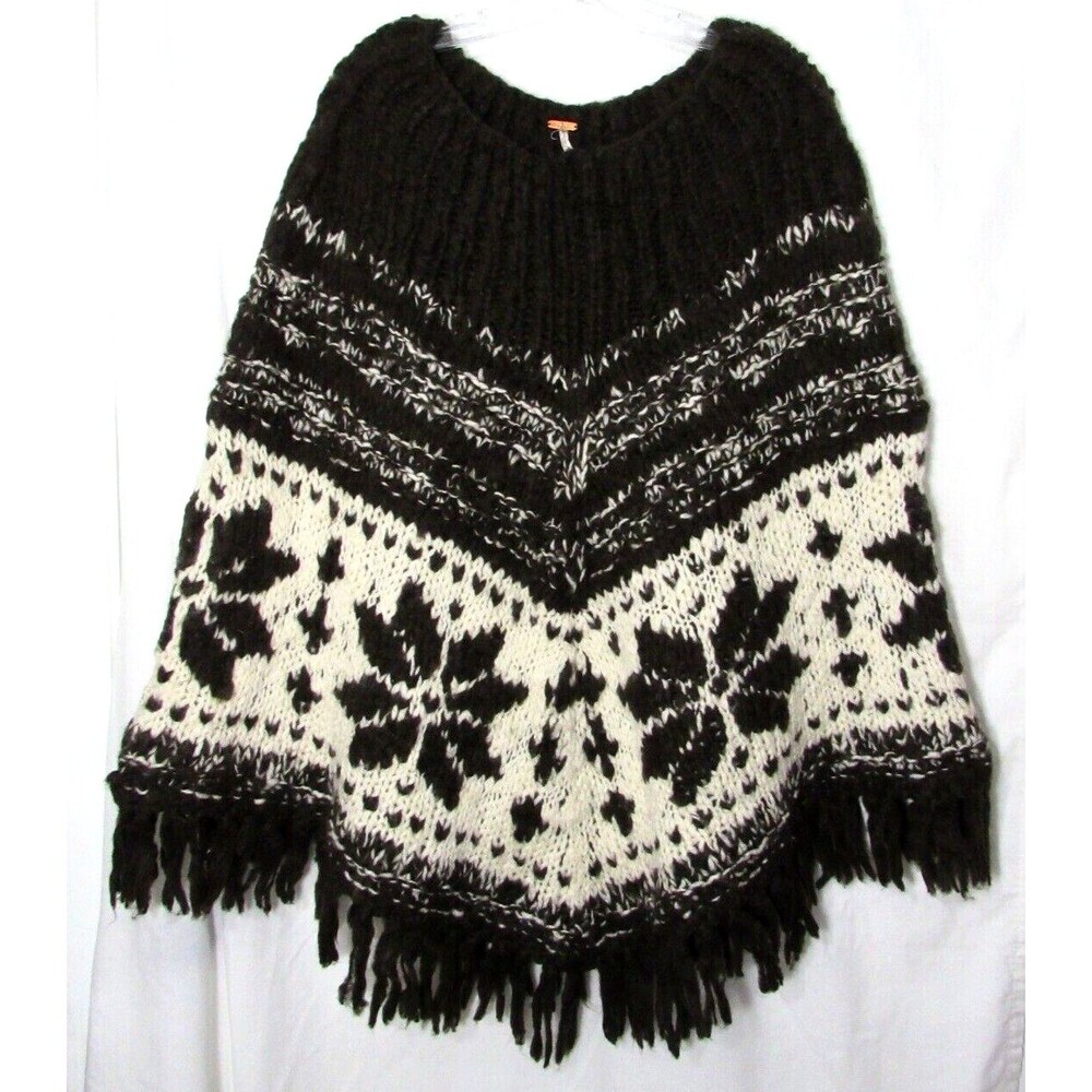 Free People Brown & Beige Fringe Wool Alpaca Blend Chunky Poncho M/L NWOT